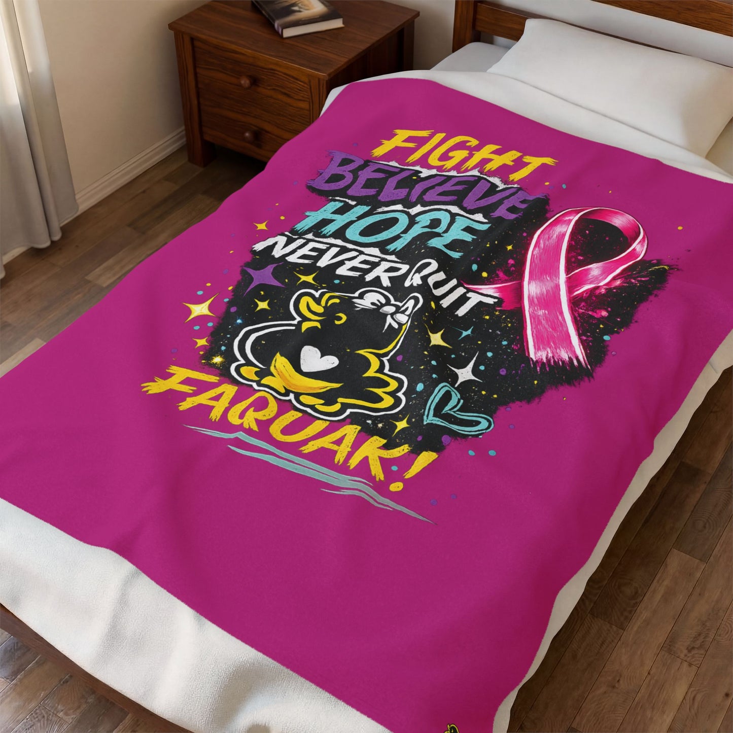 Breast Cancer Awareness Plush Blanket – "Fight Believe Hope Never Quit" Velveteen Throw