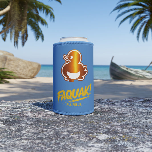 Blue Stubby Cooler — 'Faquak! All Feels' Duck Logo Can Cooler