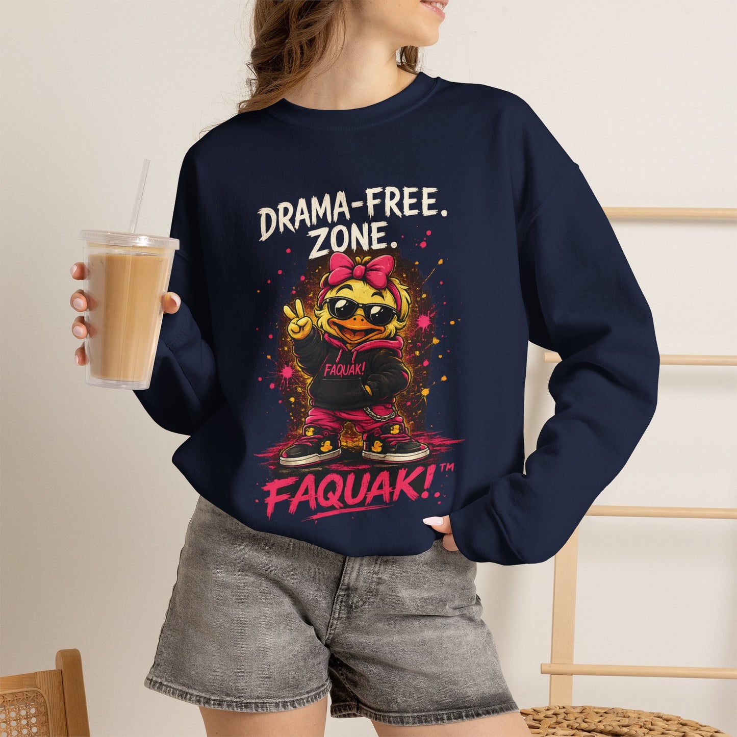 Faquak! Drama-Free — Crewneck Sweatshirt | Cute Skate Duck Graphic