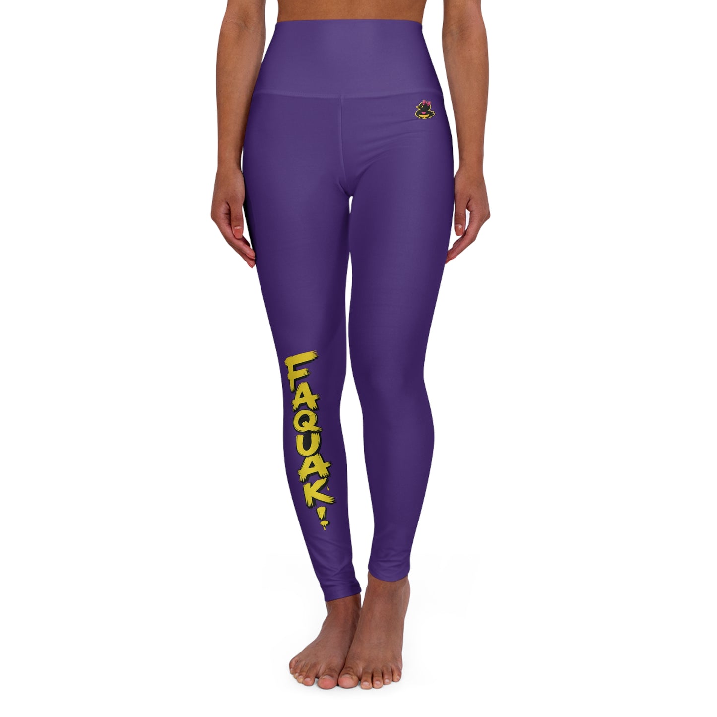 High-Waist Purple Yoga Leggings with "FAQUAK!" Side Text & "ONE WORD ALL FEELS" Back Graphic