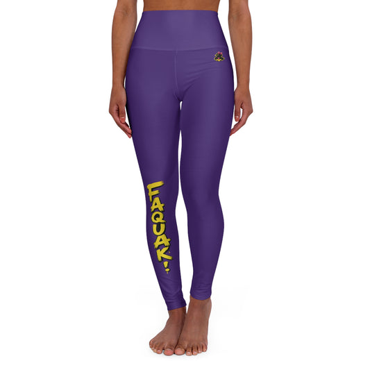 High-Waist Purple Yoga Leggings with "FAQUAK!" Side Text & "ONE WORD ALL FEELS" Back Graphic