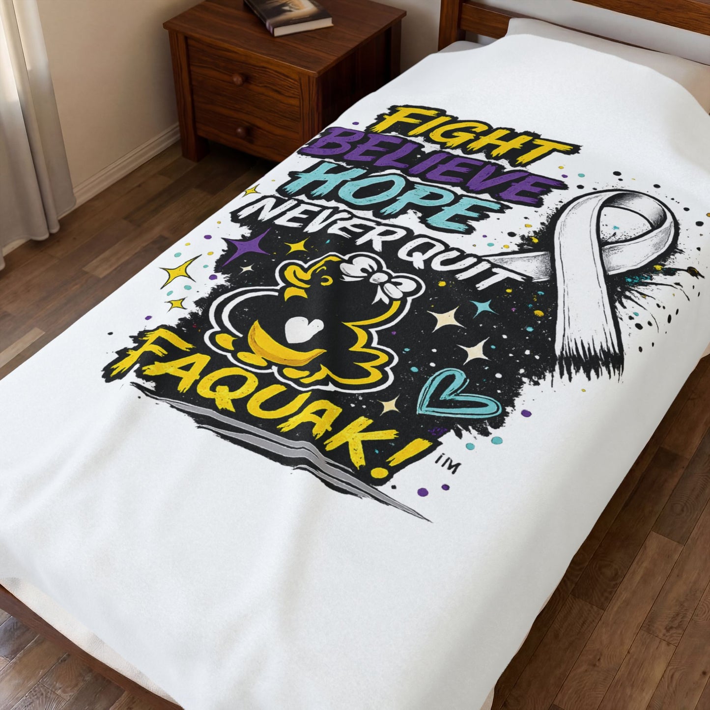 Fight Believe Hope Never Quit Plush Blanket — Cancer Awareness Ribbon Velveteen Throw