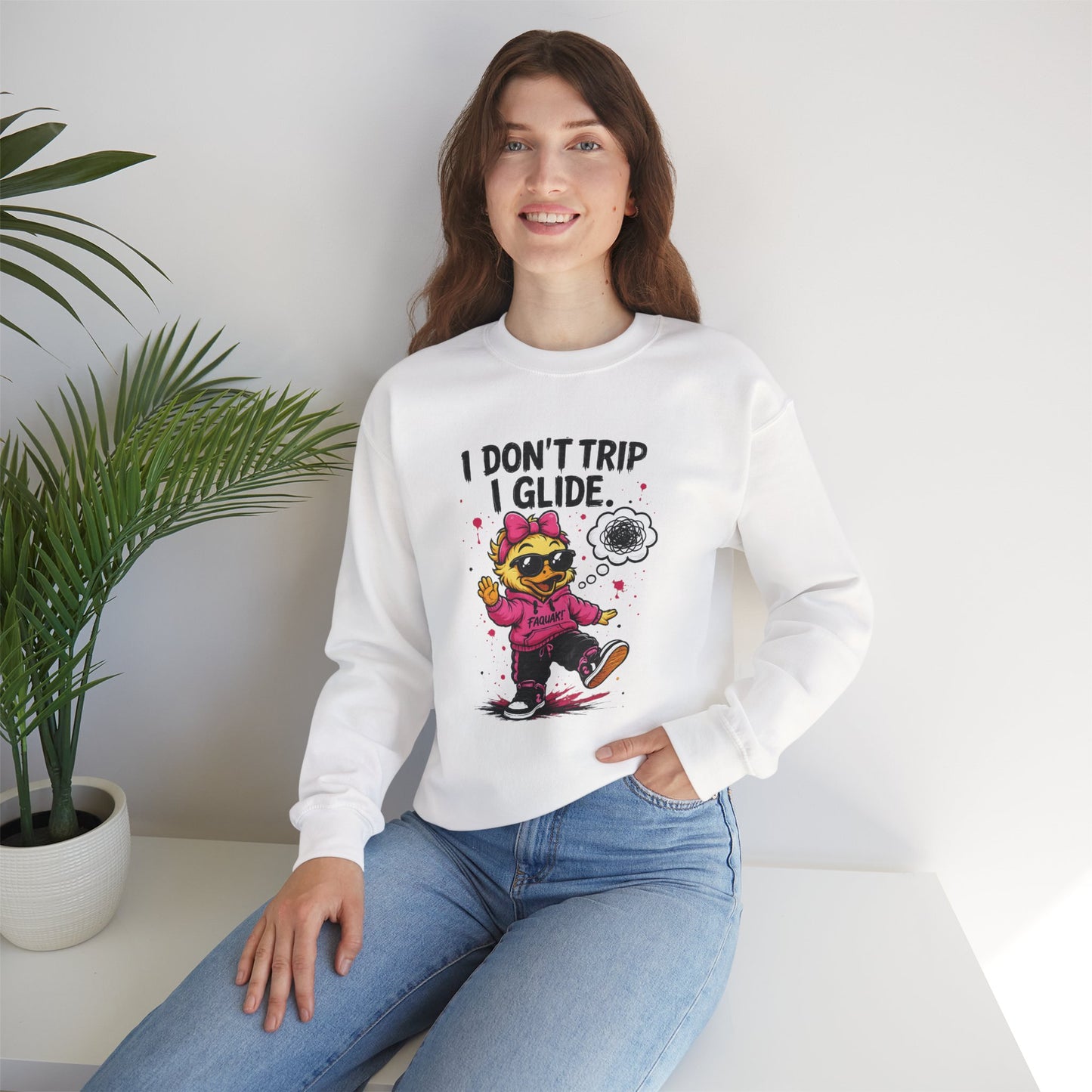 I Don’t Trip I Glide Crewneck Sweatshirt — Cute Skate Duck Graphic